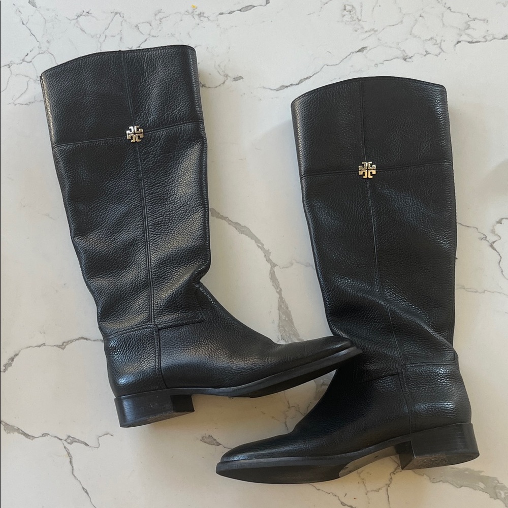 Tory Burch Black Leather Over-the-Knee Riding Boots with Gold Logo